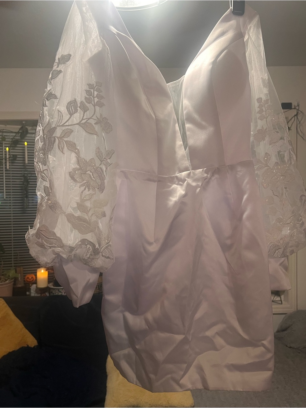 Elegant White Satin Mini Dress with Embroidered Sheer Sleeves